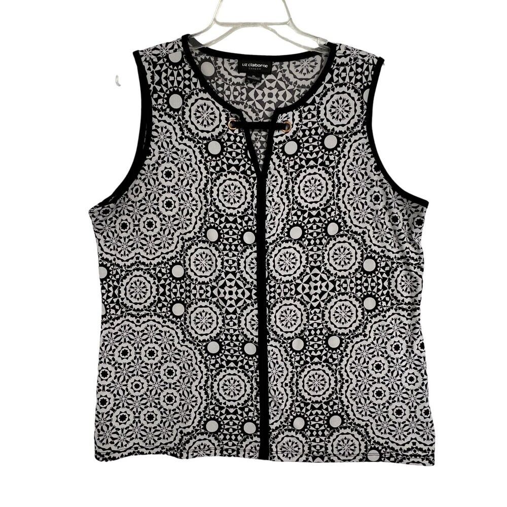 LIZ CLAIBORNE Career Women XL Black White Geometric Keyhole Sleeveless Blouse